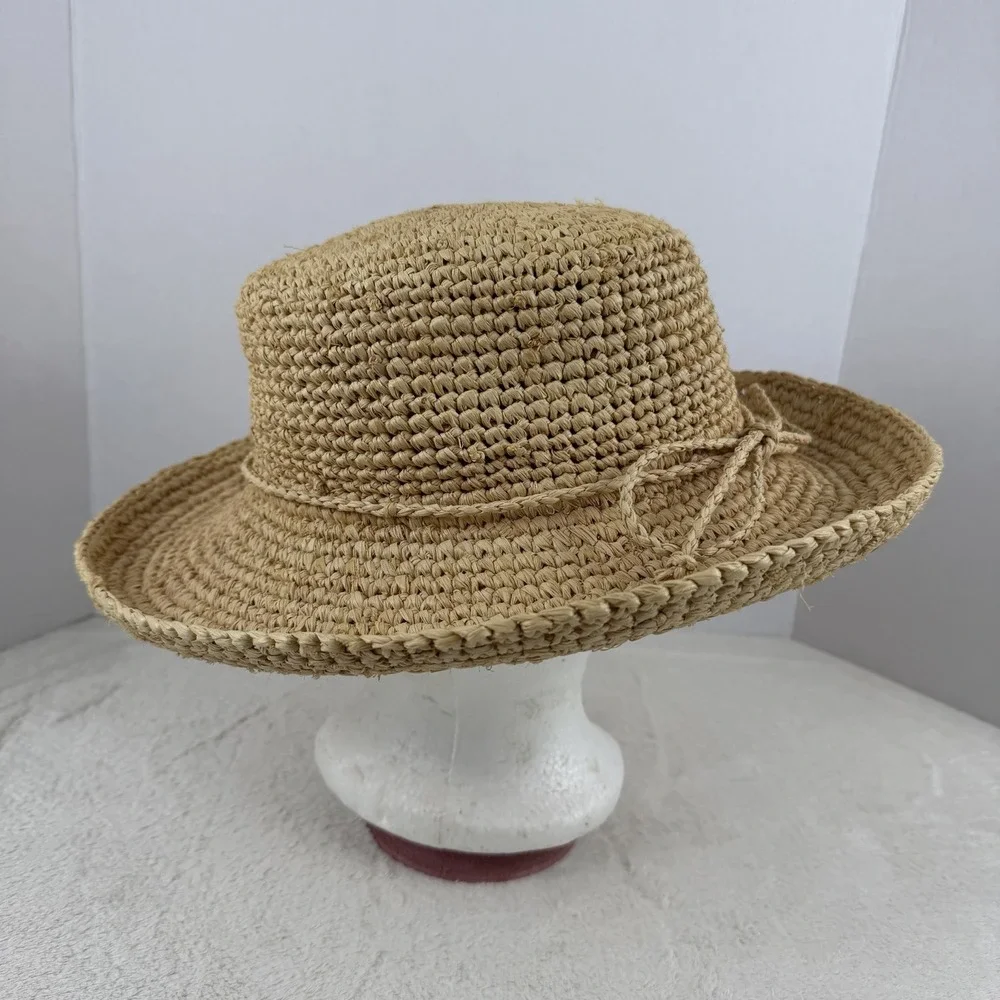 Scala Crocheted Twisted Raffia Straw Boater Hat with Drawstring One Size Natural